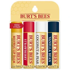Burt's Bees Lip Balm, Moisturizing Lip Care, 100% Natural, Original Beeswax, Strawberry, Coconut & Pear, Vanilla Bean With Beeswax & Fruit Extracts (4 Pack)