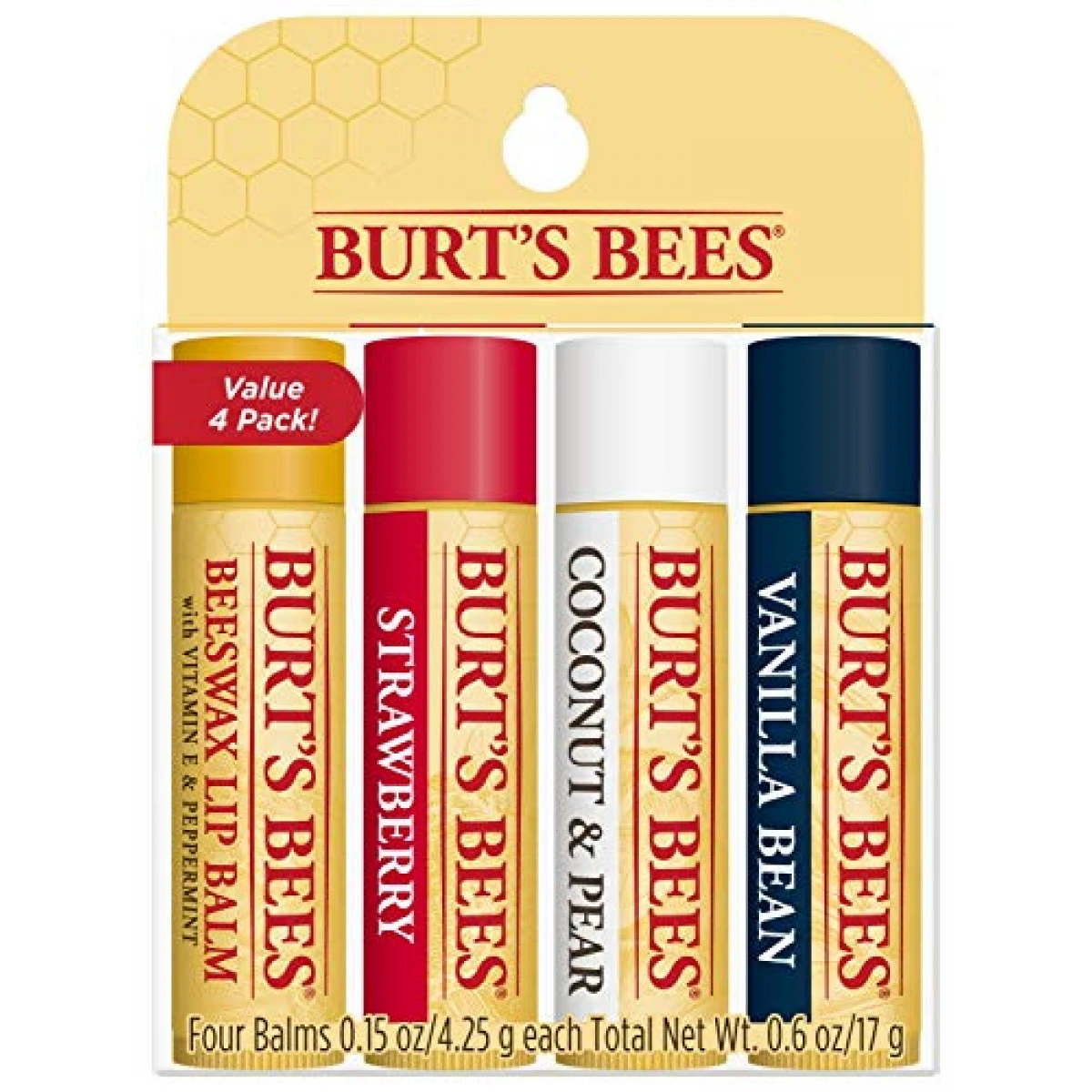 Burt's Bees Lip Balm, Moisturizing Lip Care, 100% Natural, Original Beeswax, Strawberry, Coconut & Pear, Vanilla Bean With Beeswax & Fruit Extracts (4 Pack) 3 Burt's Bees Lip Balm, Moisturizing Lip Care, 100% Natural, Original Beeswax, Strawberry, Coconut & Pear, Vanilla Bean With Beeswax & Fruit Extracts (4 Pack)
