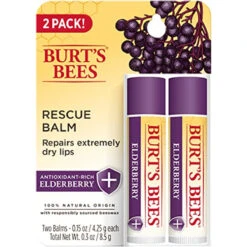 Burt's Bees 100% Natural Origin Rescue Lip Balm With Beeswax And Antioxidant-Rich Elderberry, 2 Tube In Blister Box, Package May Vary, Purple, 0.15 Oz
