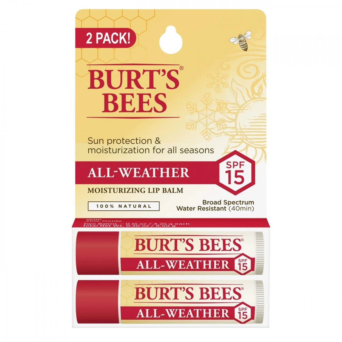 Burt's Bees 100% Natural All-Weather SPF15 Moisturizing Lip Balm, 2 Count 3 Burt's Bees 100% Natural All-Weather SPF15 Moisturizing Lip Balm, 2 Count
